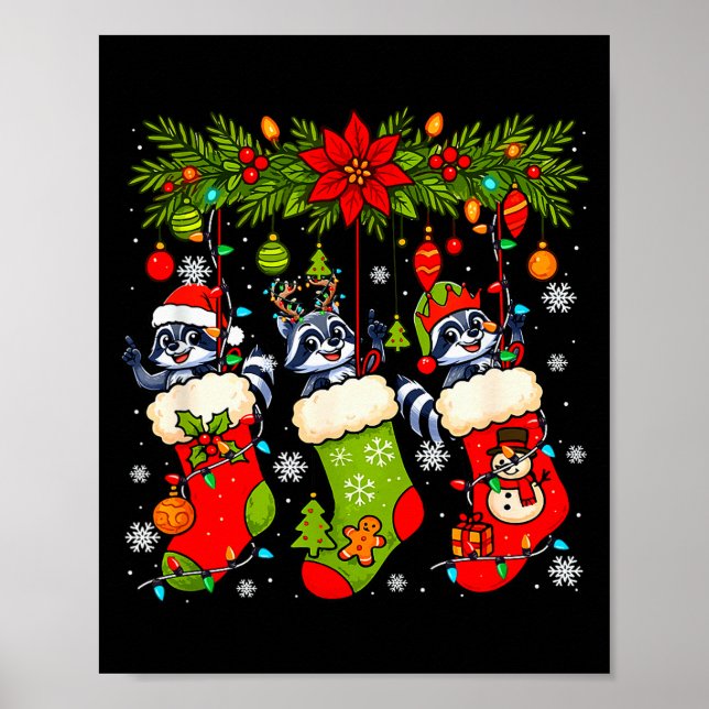 Three Santa Elf Reindeer Raccoons In Xmas Colourfu Poster (Front)