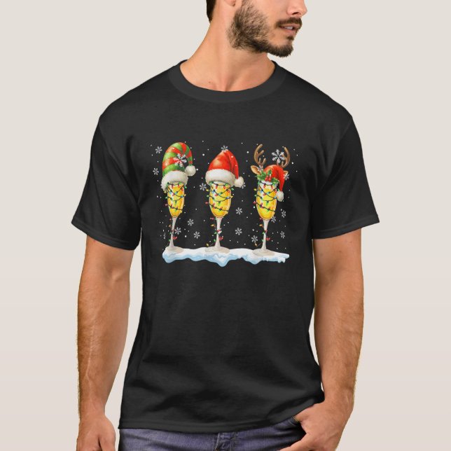 Three Santa Reindeer Elf Glasses Of Champagne Xmas T-Shirt (Front)