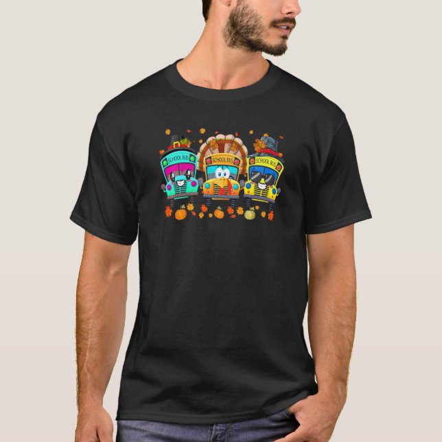 Three School Buses Pilgrim Turkey Fall Vibes Thank T-Shirt (Front)