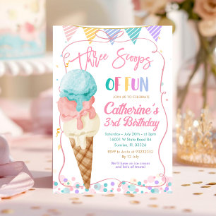 Three Scoops Of Fun 3rd Birthday Ice Cream Party Invitation