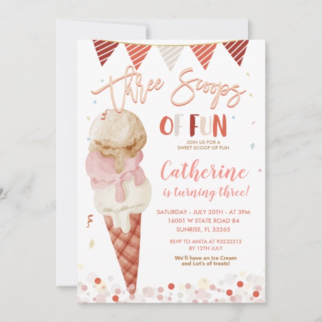 Three Scoops Of Fun 3rd Birthday Party Glitter Invitation (Front)