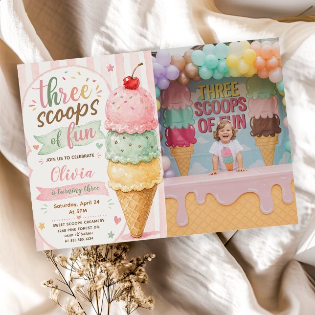 Three Scoops Of Fun 3rd Birthday Party  Invitation (Creator Uploaded)