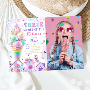 Three Scoops of Fun Ice Cream Birthday Photo Invitation