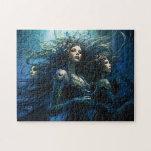 Three Sea Nymphs in Mirror Fantasy Painting Jigsaw Puzzle