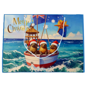 Three Seals with Santa hats Merry Christmas Large Gift Bag