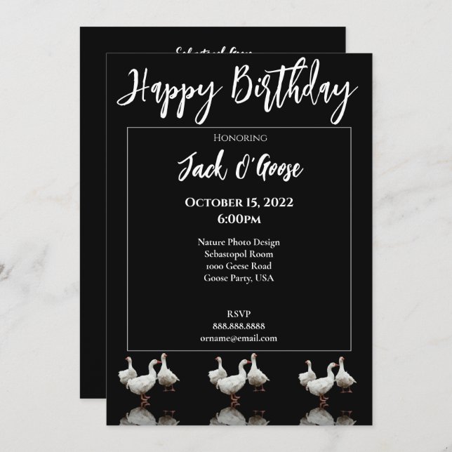 THREE SEBASTOPOL GEESE BLACK BIRTHDAY INVITATION (Front/Back)