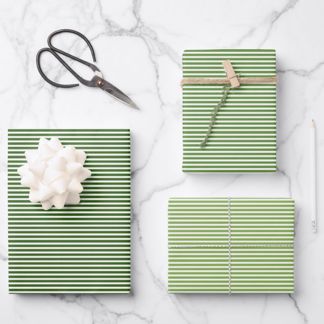 Three Shades Green Stripes Wrapping Paper Sheets (Front)