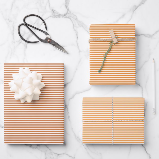 Three Shades Orange Stripes Wrapping Paper Sheets (Front)
