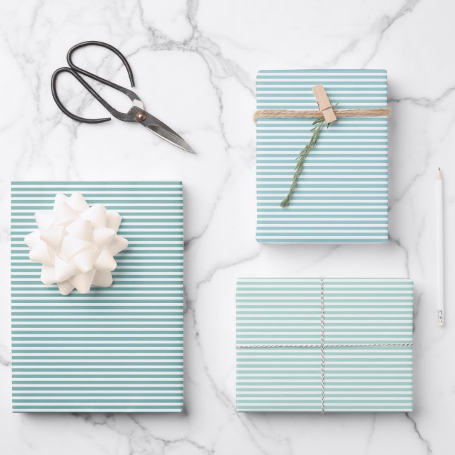 Three Shades Turquoise Stripes Wrapping Paper Sheet (Front)