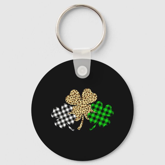 Three Shamrocks Leopard Buffalo Plaid St Patrick D Key Ring (Front)