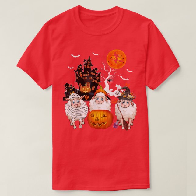 Three Sheep Halloween Mummy Scary Witch With Pumpk T-Shirt (Design Front)