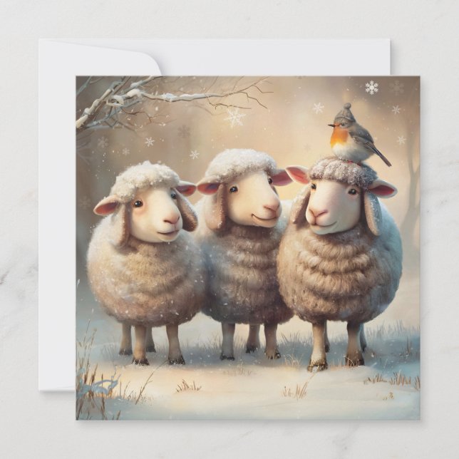 Three Sheep & Robin Winter Christmas Greeting Card (Front)