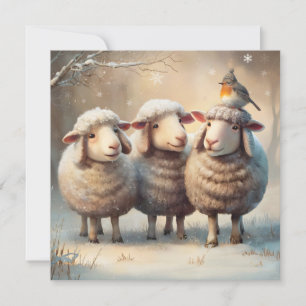 Three Sheep & Robin Winter Christmas Greeting Card