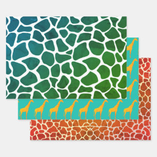 Three Sheets Of Wrapping Paper Multi Giraffe Print