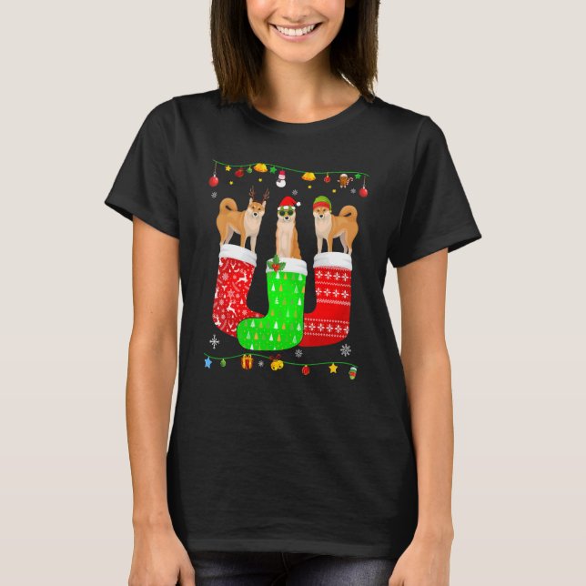 Three Shiba Inu Dog In Christmas Socks Matching Xm T-Shirt (Front)