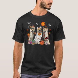 Three Shiba Inu Dogs Witch Scary Mummy Halloween T-Shirt