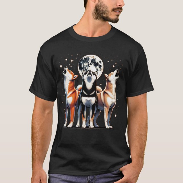 Three Shiba Inu Howling at Moon Like Three Wolves T-Shirt (Front)
