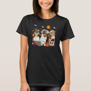 Three Shih Tzu Dogs Witch Scary Mummy Halloween T-Shirt