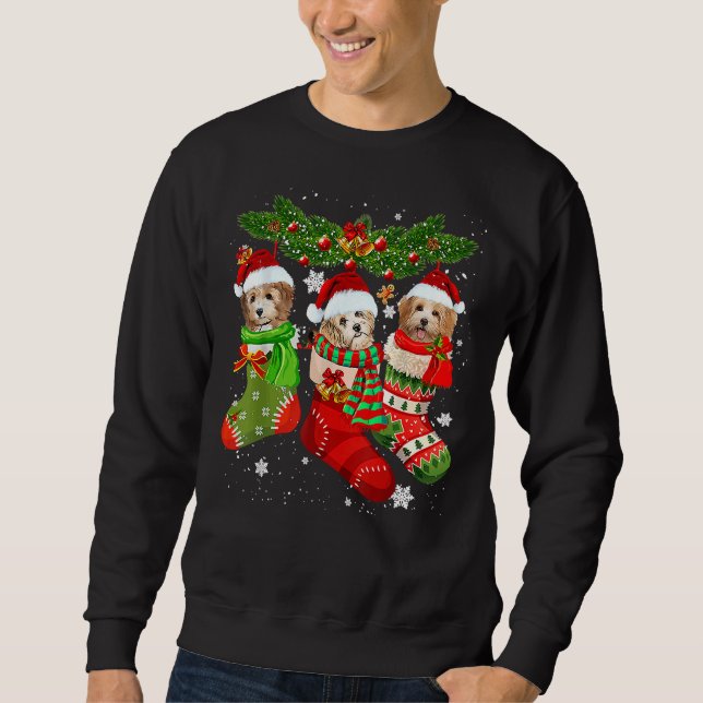 Three Shih Tzu In Sock Christmas Santa Sweatshirt (Front)