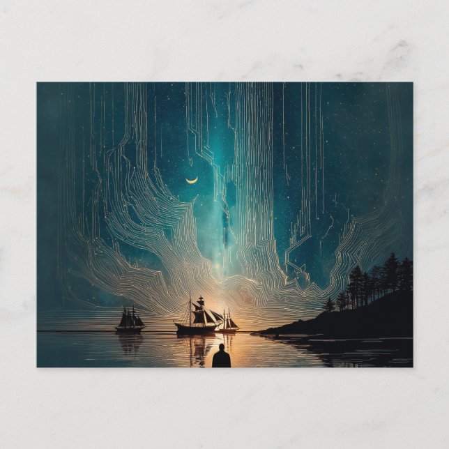 Three ships, crescent moon, glowing night sky postcard (Front)