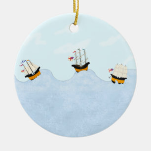 Three Ships Sailing on the Rolling Sea Ceramic Ornament