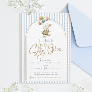 THREE Silly Goose Cute Pinstripe Boy 3rd Birthday Invitation