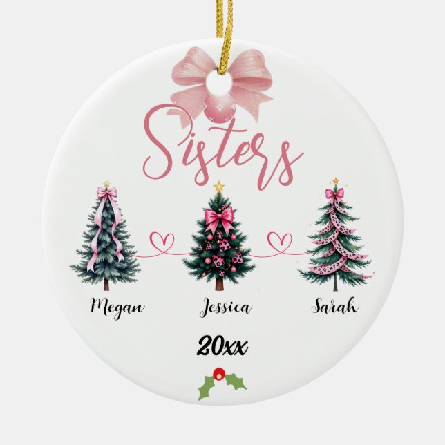 Three Sisters Christmas Tree With Custom names Ceramic Ornament (Front)