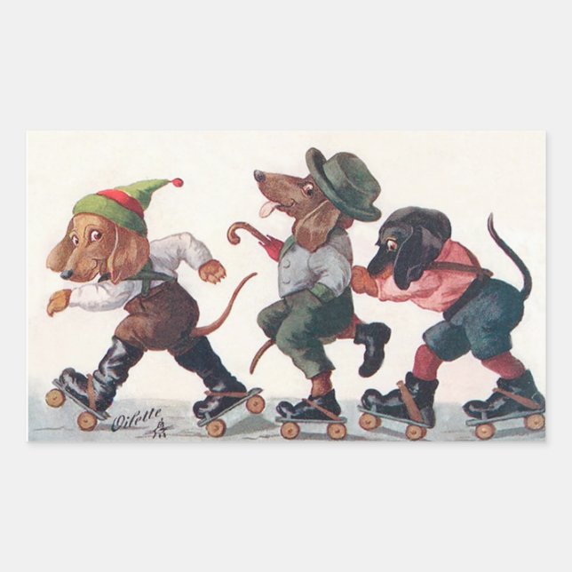Three Skating Dachshunds - A Funny Animal Rectangular Sticker (Front)
