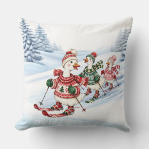 Three Skiing Ducks Holiday Cushion