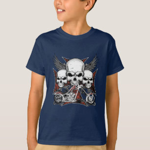 Three Skull with Red Chopper Motorcycle Boy  T-Shi T-Shirt