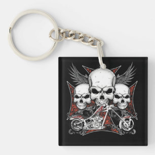 Three Skull with Red Chopper Motorcycle Key Ring