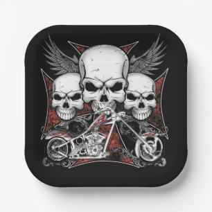 Three Skull with Red Chopper Motorcycle Square Paper Plate