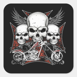 Three Skull with Red Chopper Motorcycle    Square  Square Sticker