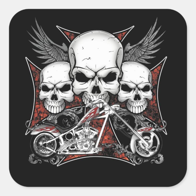 Three Skull with Red Chopper Motorcycle    Square  Square Sticker (Front)