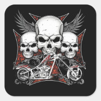 Three Skull with Red Chopper Motorcycle Square