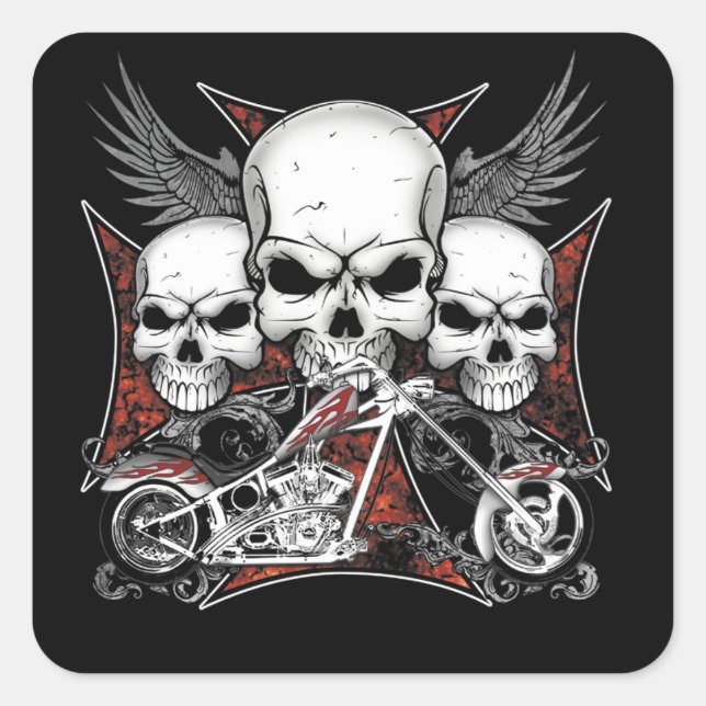 Three Skull with Red Chopper Motorcycle    Square Sticker (Front)