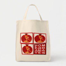 Three slices of pomegranates with text