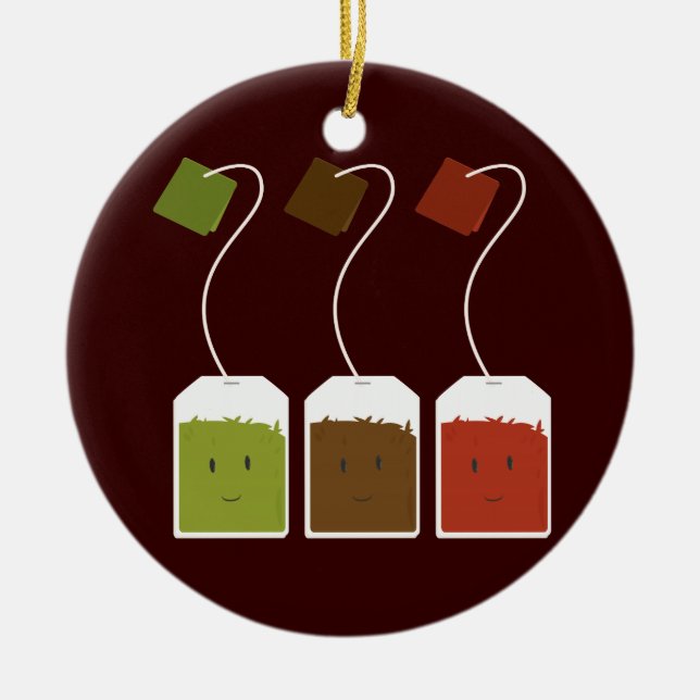 Three smiling tea bags ceramic ornament (Front)