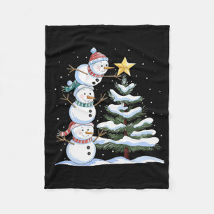 Three Snowmen Are Arranging A Christmas Tree Cute  Fleece Blanket