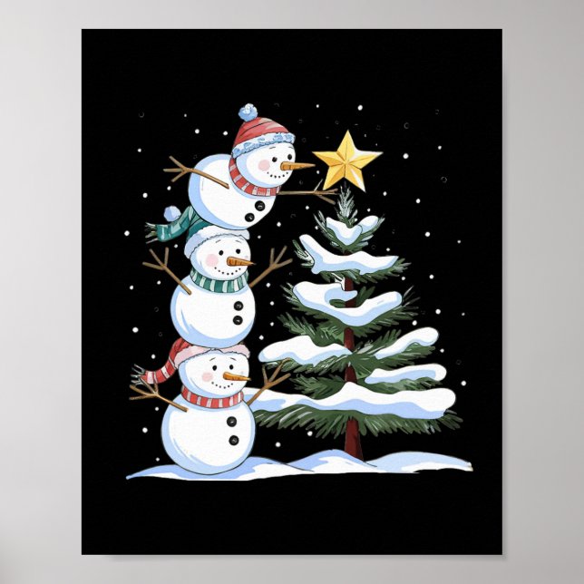 Three Snowmen Are Arranging A Christmas Tree Cute  Poster (Front)