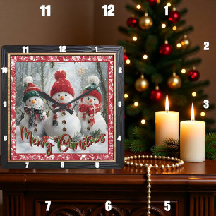 Three Snowmen Merry Christmas Square Wall Clock