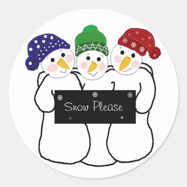 Three Snowmen with a Winter Sign Classic Round Sticker (Front)
