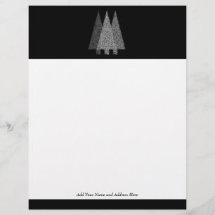 Three Snowy Christmas Trees. Black White. Custom Letterhead