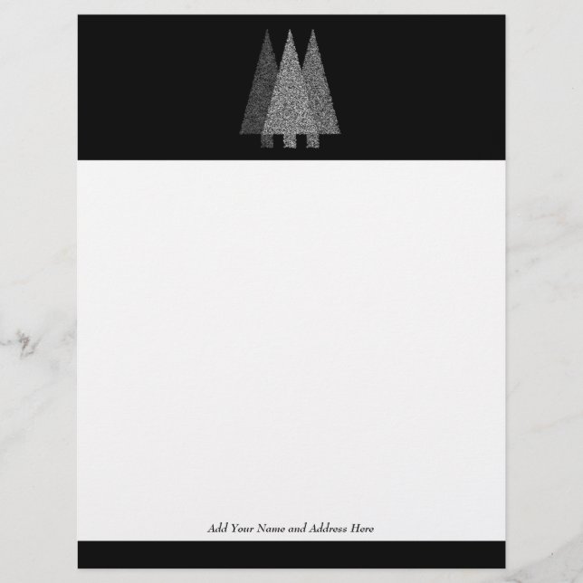 Three Snowy Christmas Trees. Black White. Custom Letterhead (Front)