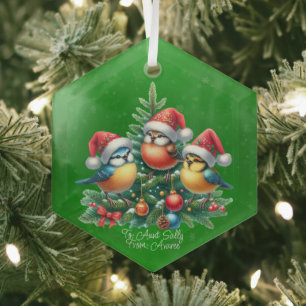Three Songbirds In Red Hats Glass Tree Decoration