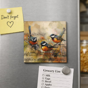 Three Songbirds on Sheet Music Watercolor Painting Magnet