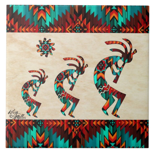 Three Southwest Kokopelli Ceramic Tile (Front)