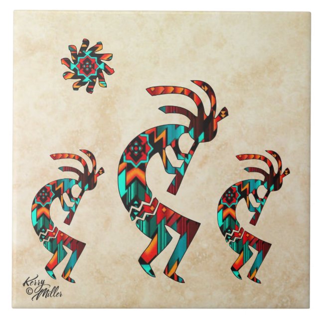Three Southwest Kokopelli Ceramic Tile (Front)