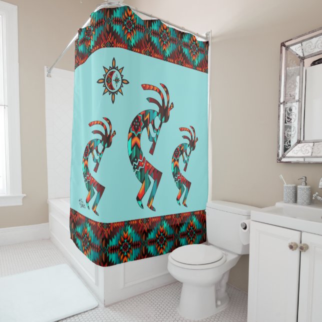 Three Southwest Kokopelli Shower Curtain (In Situ)