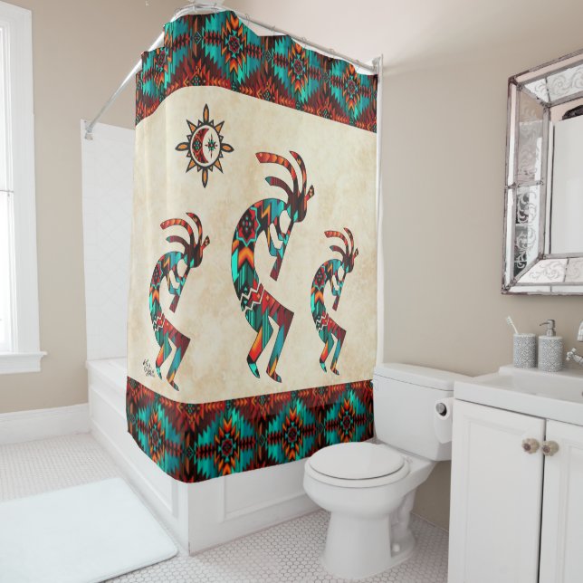 Three Southwest Kokopelli Shower Curtain (In Situ)